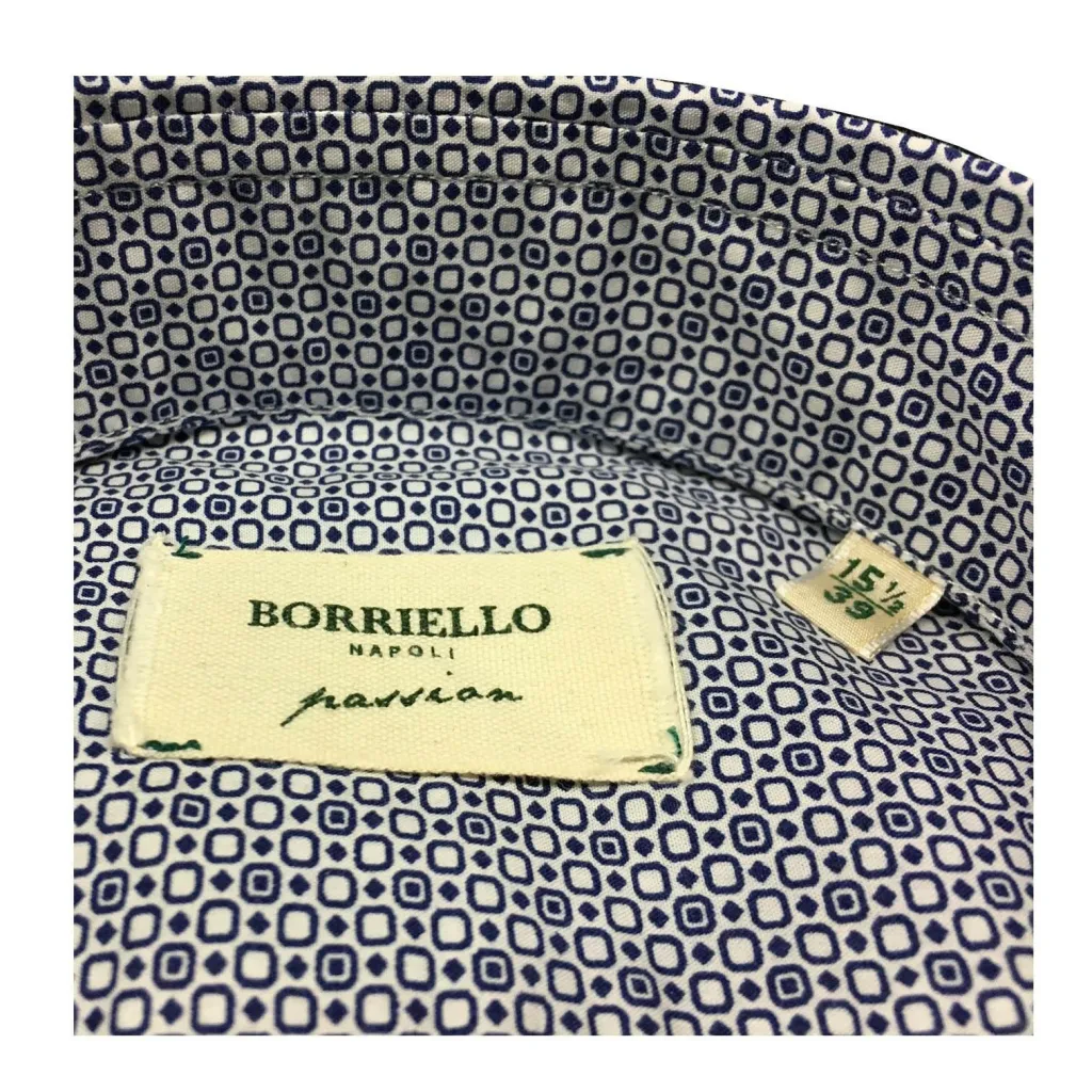 BORRIELLO NAPOLI camicia uomo bianco/blu fantasia 100% cotone MADE IN ITALY slim Made in Italy