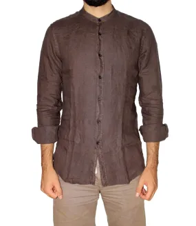 Camicia di lino da uomo XACUS marrone con collo coreano