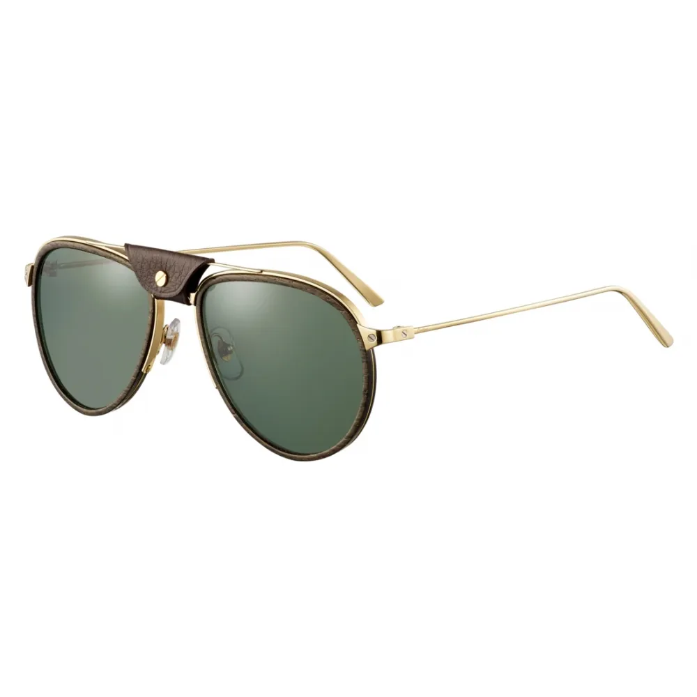 Cartier - Aviator - Metallo Legno Carbonio Oro Champagne Verde - Santos de Cartier - Occhiali da Sole - Cartier Eyewear