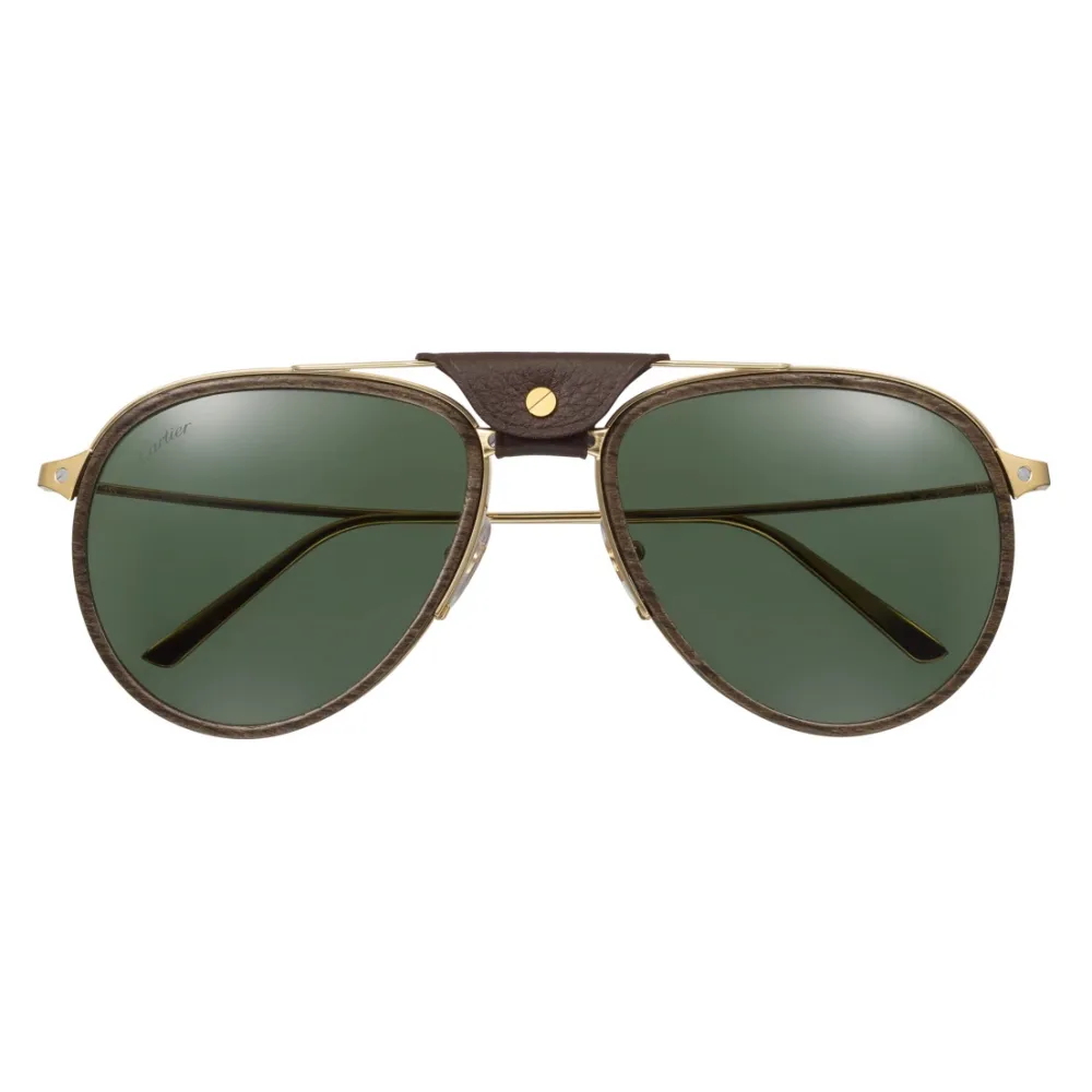 Cartier - Aviator - Metallo Legno Carbonio Oro Champagne Verde - Santos de Cartier - Occhiali da Sole - Cartier Eyewear