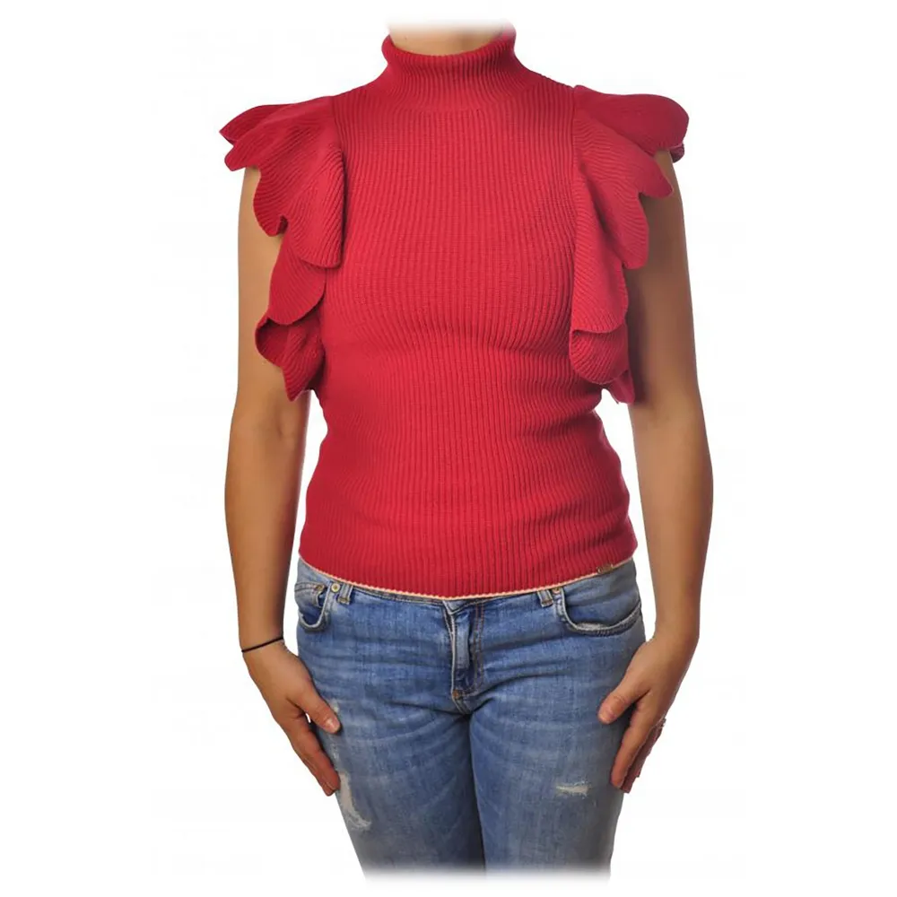 Elisabetta Franchi - Top a Costine con Smerlatura - Rosso - Top - Made in Italy - Luxury Exclusive Collection