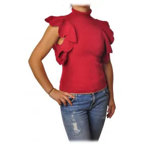 Elisabetta Franchi - Top a Costine con Smerlatura - Rosso - Top - Made in Italy - Luxury Exclusive Collection