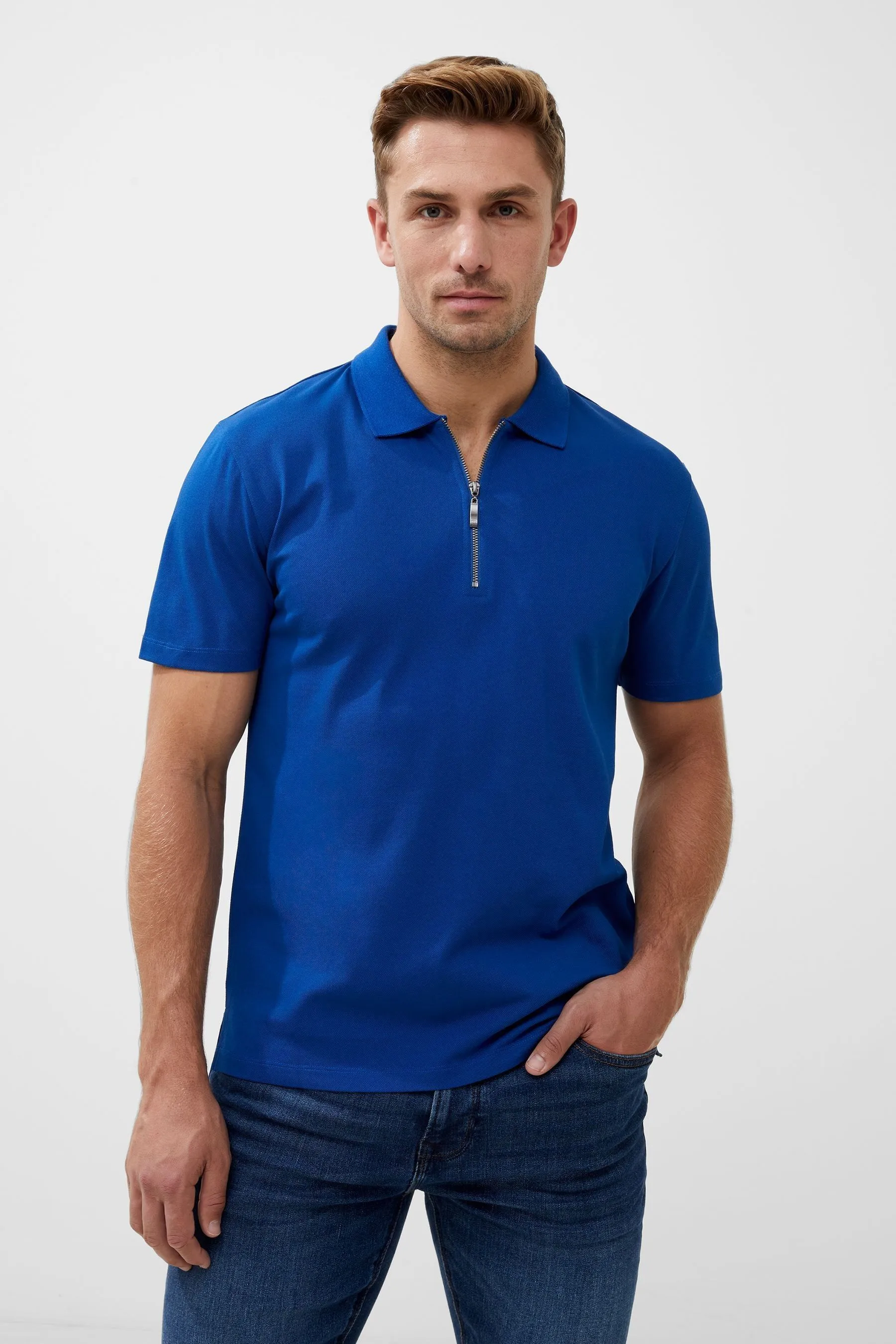 French Connection Blu - polo in piqué con zip Manica corta