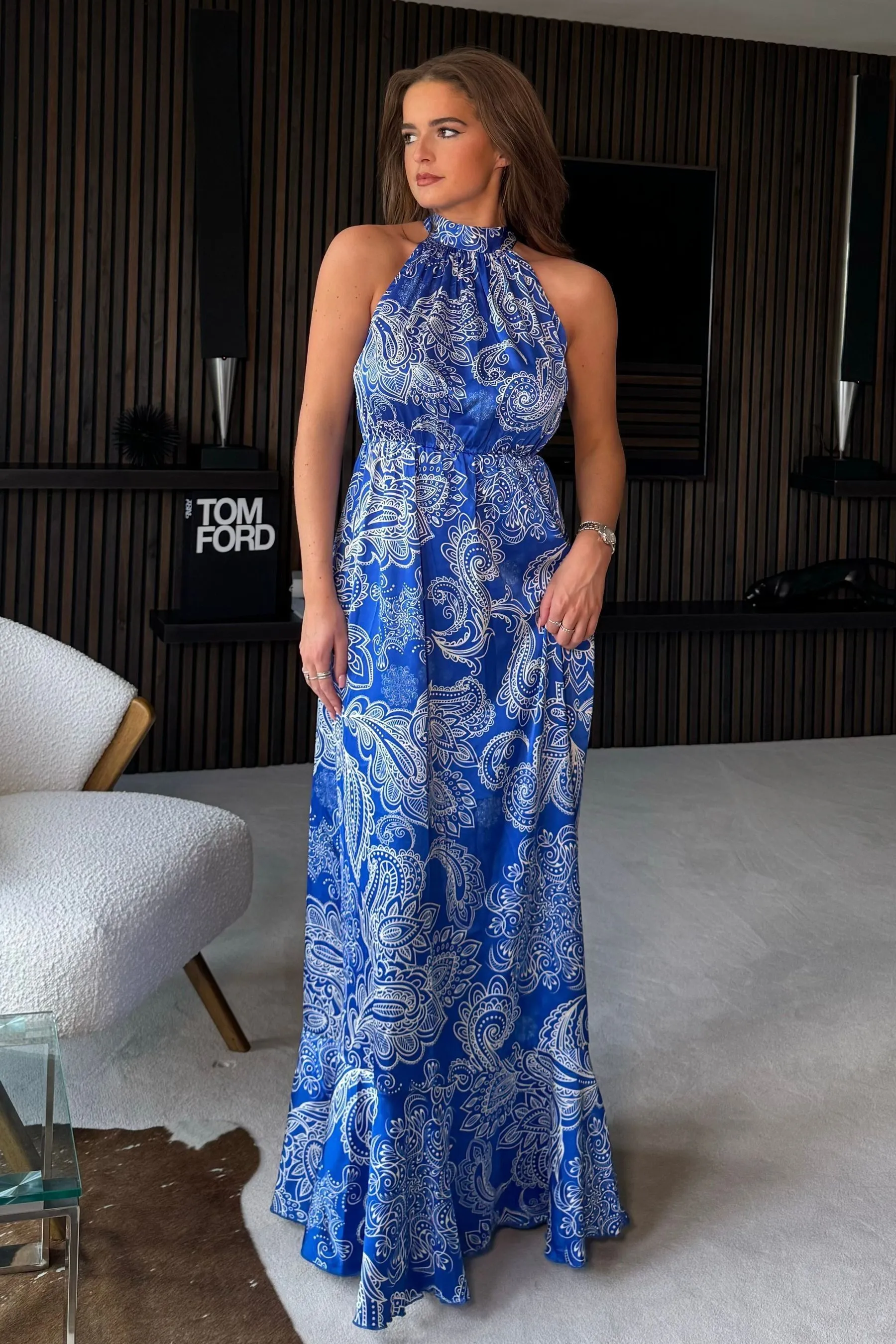 Girl In Mind - Paloma - Blu - Abito maxi Floreale con stampa cachemire e allacciatura al collo