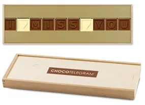 I  MISS  YOU - ChocoTelegram - Messaggio di cioccolato in una scatola di legno | Mi manchi cioccolato | Valentino | Regalo d'amo