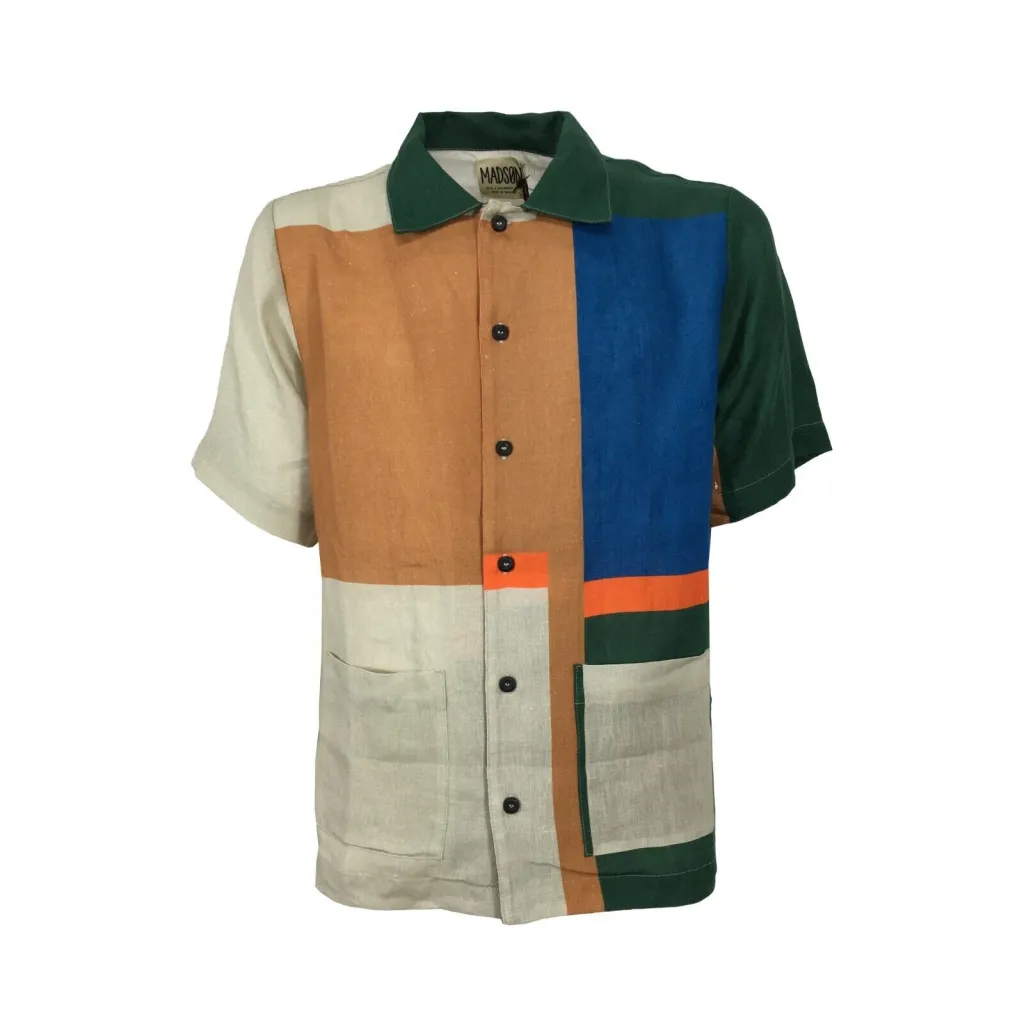 MADSON by BottegaChilometriZero camicia uomo fantasia beige/verde/bluette art DU21338 100% lino MADE IN ITALY