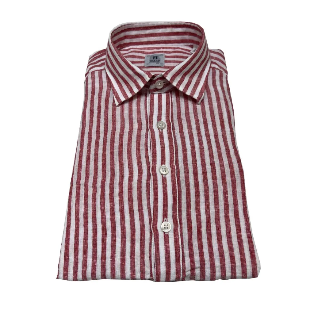 MARRIN CAMICIA UOMO LINO RIGHE BIANCO/ROSSO A POLO 4 BOTTONI LB110 T4123