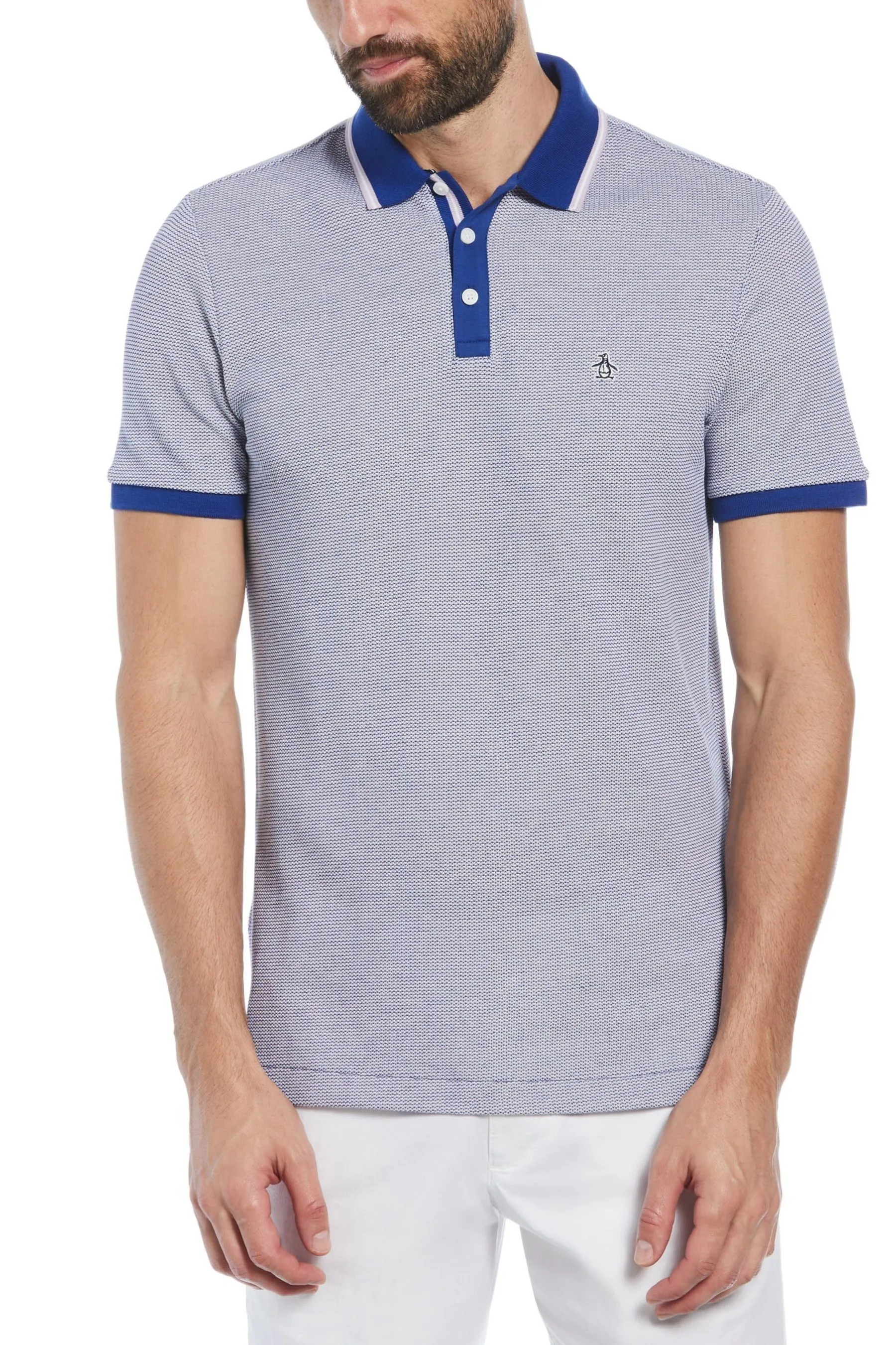 Original Penguin Blu - Polo jacquard in Blend Manica corta e cotone con motivo a fiorellini