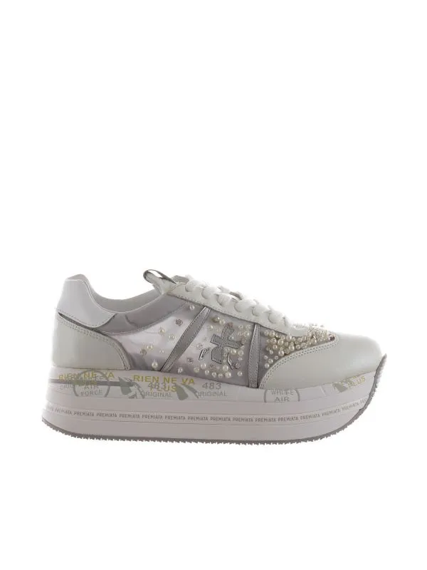 Sneaker in pelle e nylon con perline