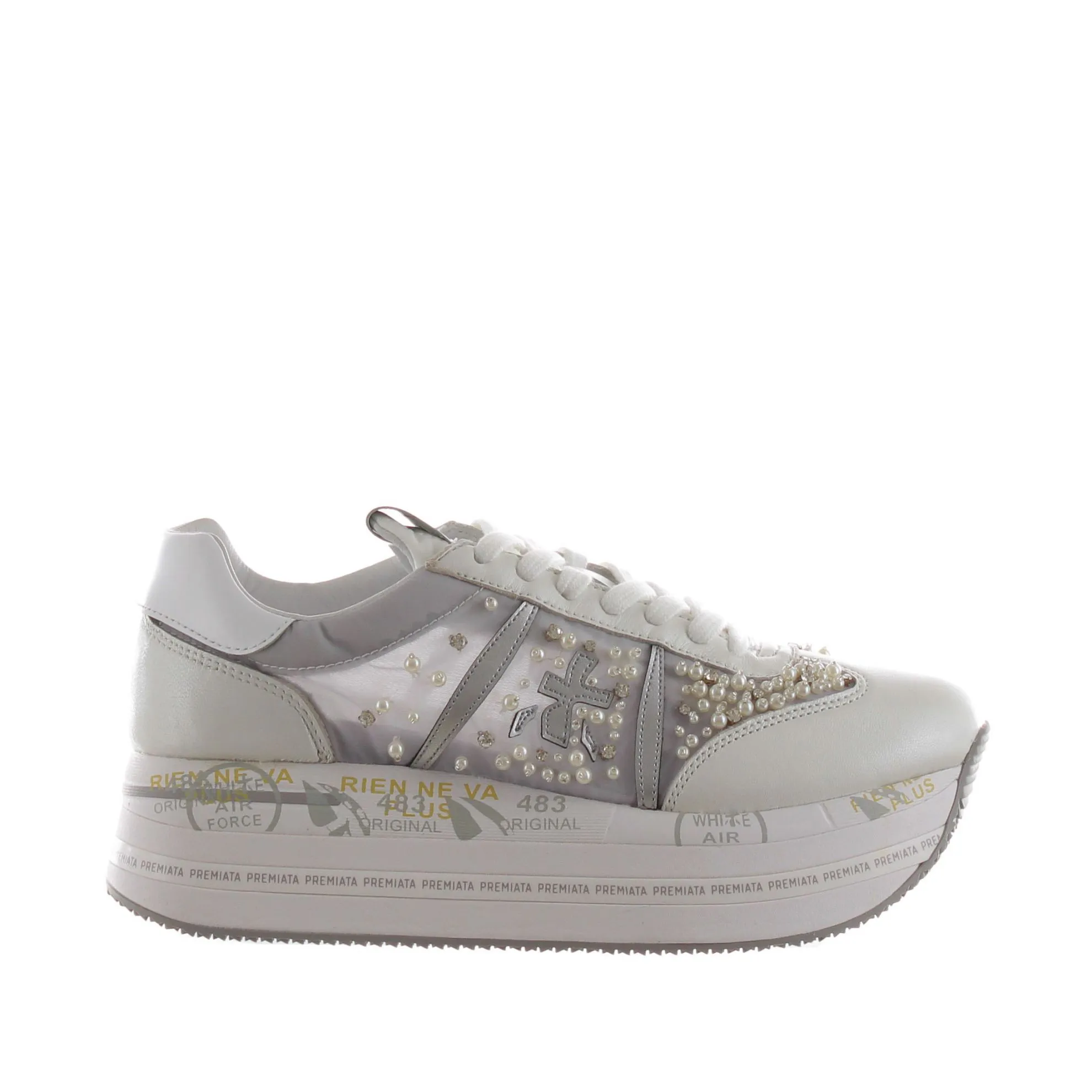 Sneaker in pelle e nylon con perline