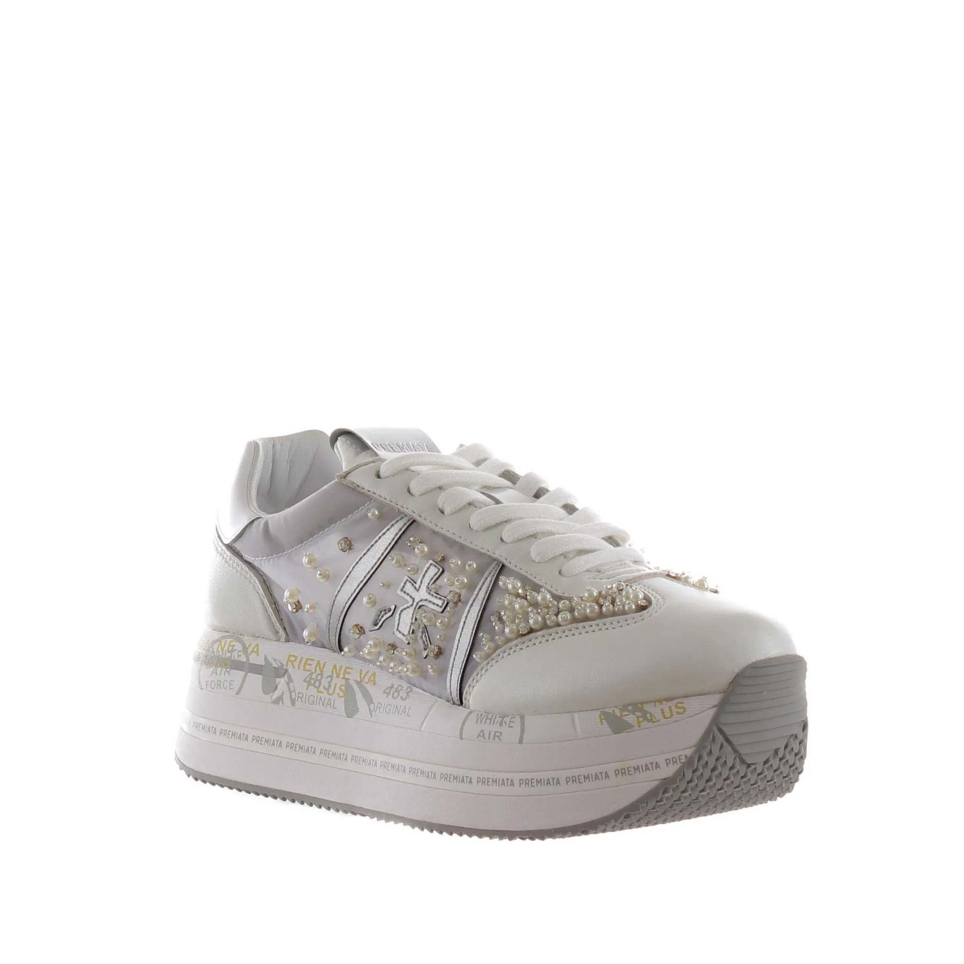 Sneaker in pelle e nylon con perline