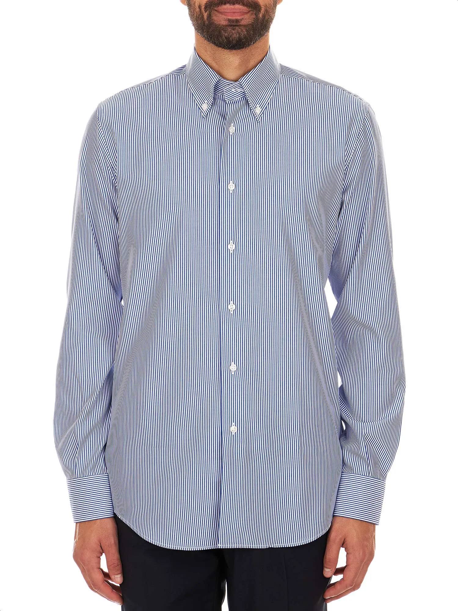 Striped white and blue shirt with button-down collar