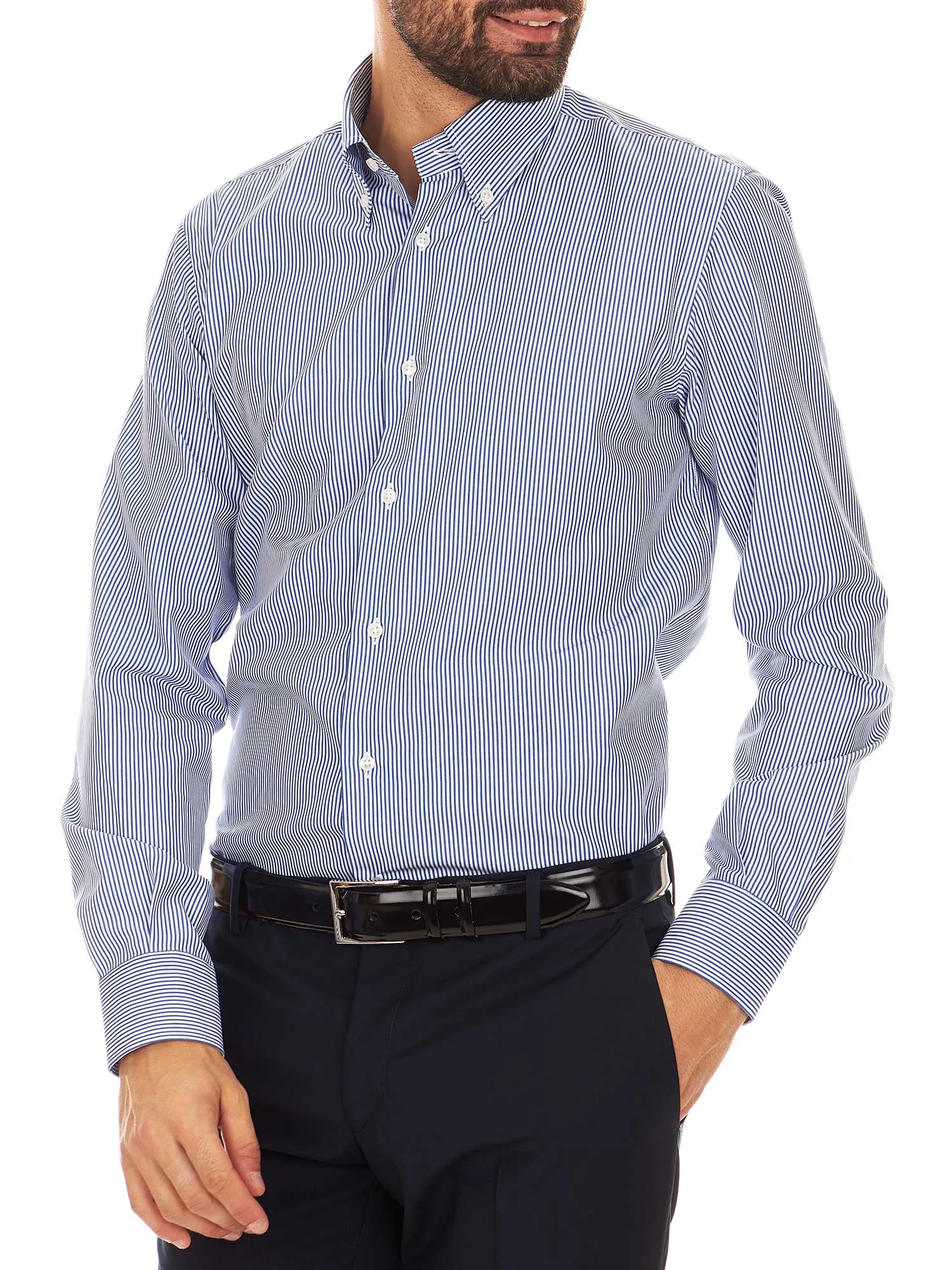 Striped white and blue shirt with button-down collar