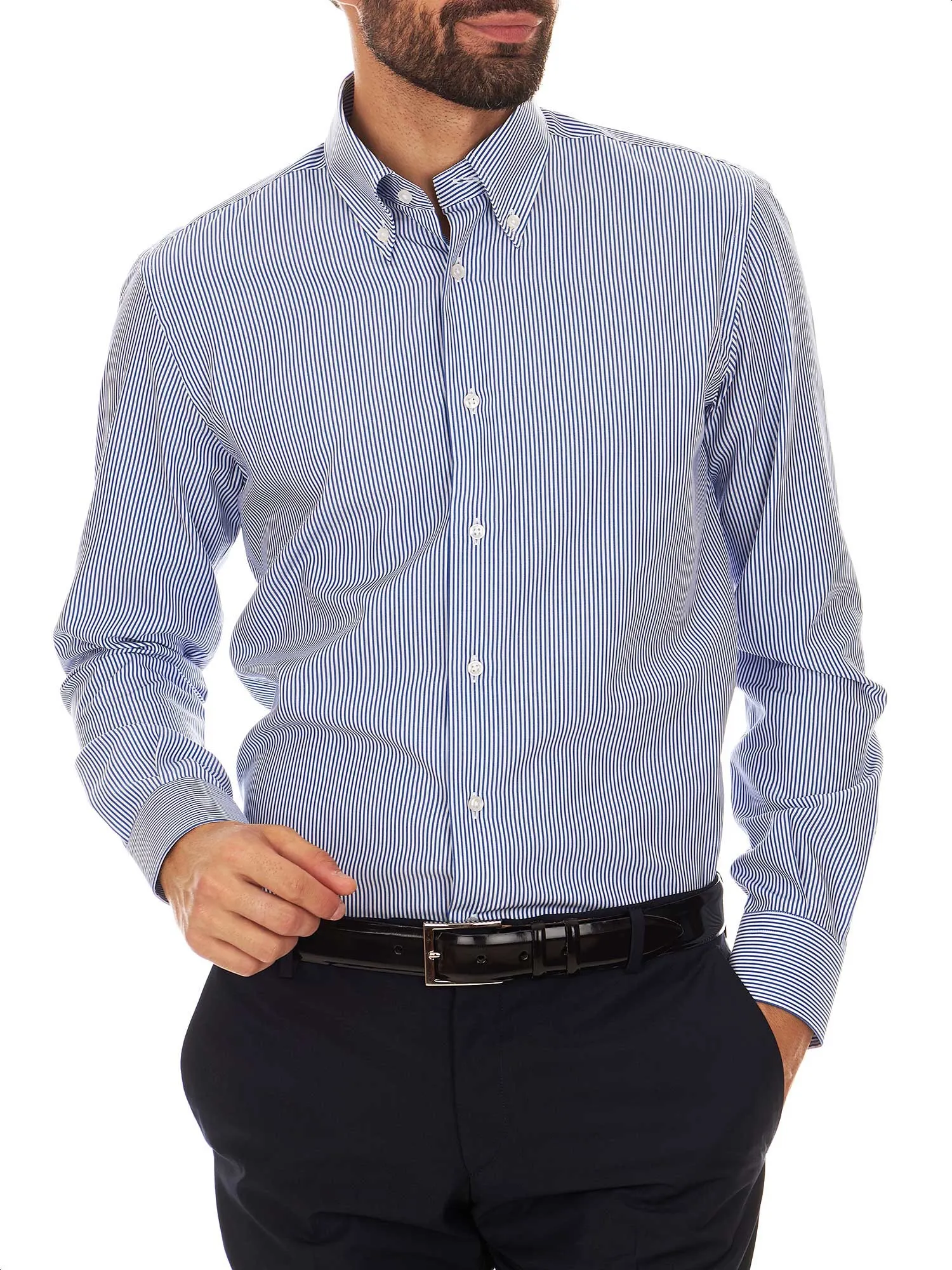 Striped white and blue shirt with button-down collar